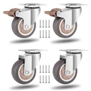 2 inch Caster Wheels Set of 4, Heavy Duty Casters Set of 4 with Polyurethane Wheels, 2 Locking Plate Castors with Dual Brake for Cart Furniture, No Noise Plate Casters Smoothly Moving