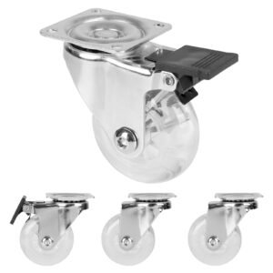 2 inch Caster Wheels Set of 4, Swivel Plate Casters with Brake for Furniture and Trolley, Crystal Clear No Noise Locking Castors with Transparent PU Wheels(2 with Brakes & 2 Without)